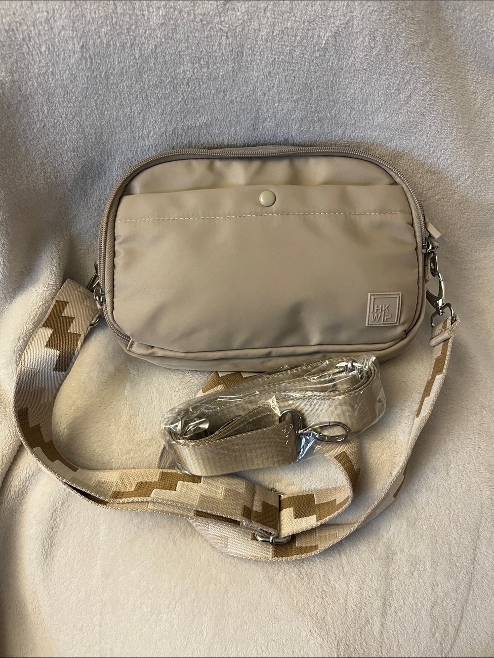 Beige Crossbody Bag with Patterned Adjustable Strap